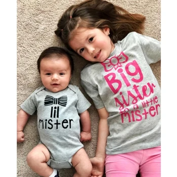  Риза за старши сестри и боди за по-малък брат, подходящи един приятел, комплекти за братя и сестри, тениски за старши сестри, Lil Mister Момиче, плъзгачи за новородени.