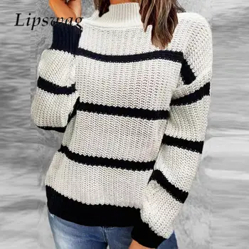  2023 Есен-Зима, Женски Свободен пуловер, жилетка, всекидневни плетени блузи с цветен блок и яка-часова, дамски пуловер райе с дълъг ръкав