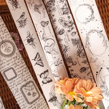  1 ролка красива хартиена лента, градински ретро цветя и птици, черно-бели завеси с ръчно изработени, декоративни ленти от 6 вида