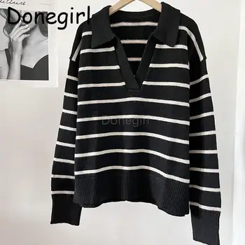  Donegirl/ Дамски есен-зима новост 2024, Трикотажный пуловер-поло с V-образно деколте, Пуловери, Прости ежедневни дамски блузи, Дамски жилетки