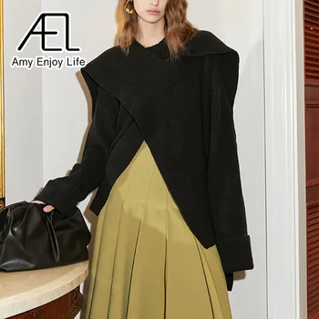  Оригинално вязаное палто с кръгло деколте в стил пелерина AEL за жени; Модерен Нов всекидневен Свободен черен пуловер за жени