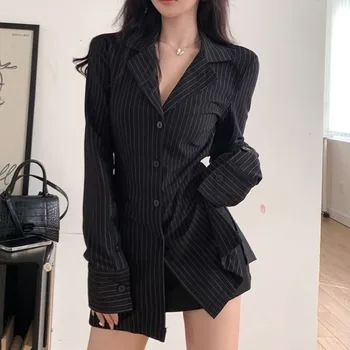  Пролетни Нови блузи черна ивица, женски Корейски секси прилепнали тениски с V-образно деколте, офис Дамски блузи Y2k, елегантни, ежедневни блузи с дълъг ръкав