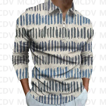  Мъжка риза поло с дълъг ръкав и цип райе в стил ретро, тениска поло с 3D принтом, ежедневни блузи