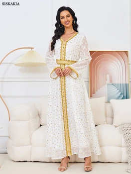  Siskakia, Вечерна рокля с позлатени релефни, Бяло сетчатое рокля с V-образно деколте и цветен модел, Марокански Ислямски женски кафтан от Дубай