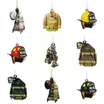  2D авто окачен декор, симулиращ палто и шапка на пожарникар, авто подарък декор, подвесная модел пожарна машина, креативен интериор W4X0