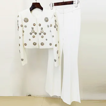  JAMERARY/ Нови модни висококачествени Блейзерные костюми с диаманти, бродирани с мъниста, палта, дамски комплекти, бели блейзерные якета, костюми с широки штанинами и дълги панталони