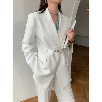 Жена офис бял костюм, брючный костюм от две части, новост пролетта 2023, минимализъм, Елегантни панталони, с костюм, сако, якета, комплекти за работно облекло