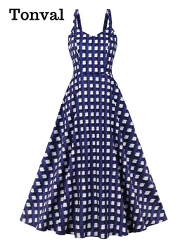  Синя лятна рокля в клетка с V-образно деколте на спагети презрамки Tonval, женствена рокля 2023 с накъдрена облегалка, елегантните плажни реколта дълги рокли за почивка