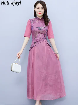  Лятото е Розова коприна на роклята Миди с къс ръкав в цветенце, Дамско Елегантно дебнещ вечерна дълга рокля 2023, Винтажное Луксозно Красива рокля за бала
