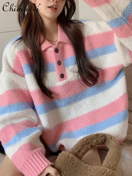  Модерен женски пуловер райе с яка-поло в корейски стил и дълъг ръкав, есен-зима 2023, сладки плетива в японски студентски стил.