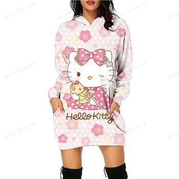  Японското аниме Hello Kitty с 3D принтом Есенни блузи Рокля Дамски ежедневни облекла Рокля с качулка, с дълъг ръкав Мультяшные дълги качулки