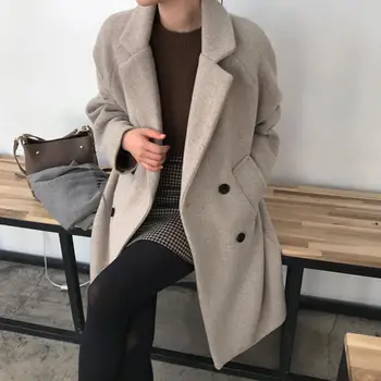  Корейското модно дамско ежедневното Свободно вълна палто с Елегантна и шикозна однотонная на горно облекло-Дълга козина Женски топло наметало
