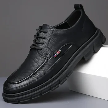  Кожени обувки за мъже 2023, Нови есенни мъжки ежедневни британски черни обувки Martin, Официално облекло, бизнес и сватбени обувки с мека подметка