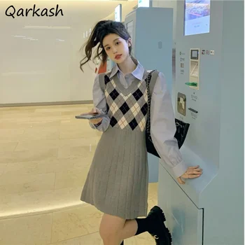  Crochet рокли Argyle без ръкави, дамски пролетни чисто рокли в корейски стил за студентска младеж, Трапециевидный V-образно деколте, естетическо мини рокля в стил харадзюку, сладък