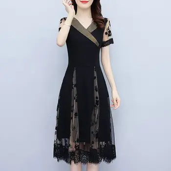  Лятното ново черно секси рокля голям размер, модерно приталенное рокля трапецовидна форма с къс ръкав и V-образно деколте и средна дължина
