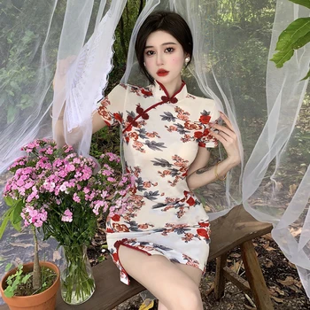  Жените в китайски стил Ретро Тънък Чонсам Дама Елегантен Ципао с флорални принтом Сексуално дебнещ клуб, вечерна рокля Мини рокля Vestidos