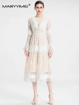 MARYYIMEI Модерен пролетно-есенни женствена рокля с дълги ръкави в стил мозайка, дантелени къдри, тънки елегантни бели рокли