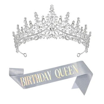  Crown За Рожден Ден За Жените, Сребърен Колан Кралица На Рожден Ден И Набор От Тиар, Превръзка На Принцеса С Кристали, Лесна За Използване За Парти В Чест На Рождения Ден