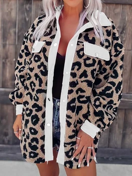  Ежедневни руното сако, дамско есенно-зимния винтажное плюшевое палто с леопардовым принтом, дамско Модно свободно палто с отложным яка и дълъг ръкав