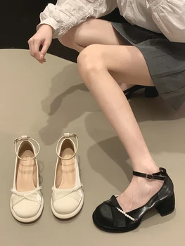  Дамски обувки, кожени обувки, пролет и есен 2023, нова тенденция на високи токчета Mary Jane с перли, коприна и атлас
