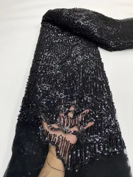  Луксозна Черна лейси плат от мъниста, ръчно изработени в Нигерия стил, най-новият Висококачествена бродерия на мъниста, Африканска Френска лейси плат