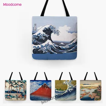  Класическа Японска живопис върху дърво, дърворезба, Фуджи, модерно изкуство, чанта за пазаруване, водоустойчива чанта за през рамо