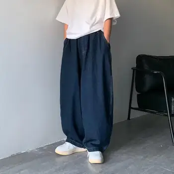  Еластичен колан със средна засаждане, джобове за мъжки дънки, широки дънкови панталони в стил хип-хоп, градинска облекло