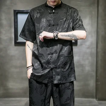  Летни китайски блузи За мъже, традиционен модерен Жаккардовый костюм Тан с дракон, Хлопчатобумажный ленена яка-часова, Ризи с къс ръкав за мъже