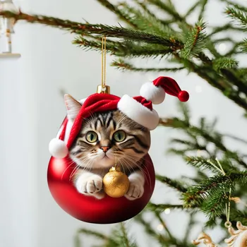  2d Акрилни Коледен орнамент във формата на котка С двойно печат, Забавна Висулка във формата на Елхи, Коледни Подвесное Украса 2024 г.