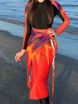  Черен топ, огнено-червена дълга пола, водолазный костюм, бански костюм от три части, женски секси тънко трико с крем с дълъг ръкав за почивка на плажа
