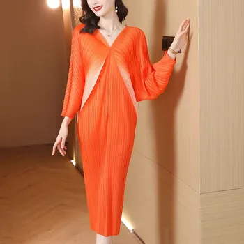  Модно Лятна рокля оранжево наклон на цветове, Елегантна женствена рокля с V-образно деколте и ръкав 