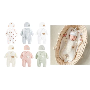  57EE Гащеризон-шапчица за новородено, удобни детски пролетни тела, Мека пижама с анимационни Мече
