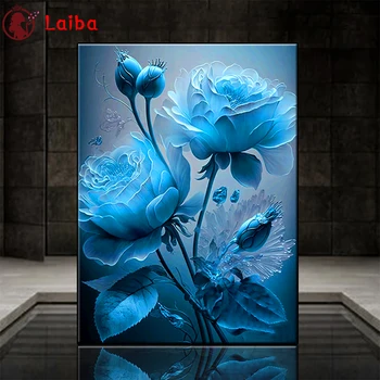  Диамантена живопис Dream Art Blue Poppy Flower 5d кръст бод Диамантена бродерия Мозайка Подарък Начало декор Картина за бродерия