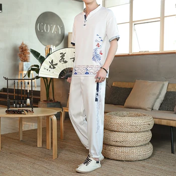  Новият китайски стил (Риза + панталон лятна мъжка риза Мъжки памучни и ленени ризи мъжки висококачествени ежедневни модерен мъжки ризи