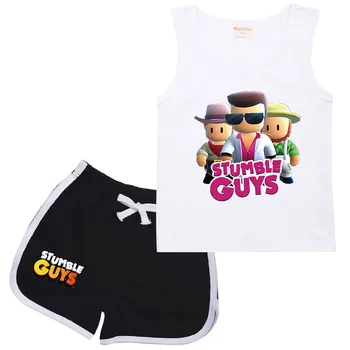  Костюм STUMBLE GUYS/ Детски летни дрехи, памучен тениска + шорти за малки момичета, комплект от 2 теми, детски дрехи, спортни костюми за момчета