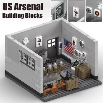  MOC SWAT Военна база Войник на САЩ Арсенал Комплект строителни блокове Контейнер за оръжия Закачалка за оръжия Плакат Жилетка Тухли, Подарък Играчка за момчета