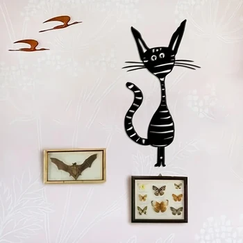  метален орнамент с абстрактно анимационни котка 1бр, Весел Декор за котки, Декор за метални стени с черна котка, Художествено оформяне на метални стени, Декорация за housewarming