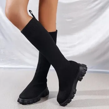  Есенно-зимни дамски чорапи и ботуши до коляното 2023 г., нови одношаговые еластични тънки обувки с дебела подметка, дамски ботуши 43 размер голям размер