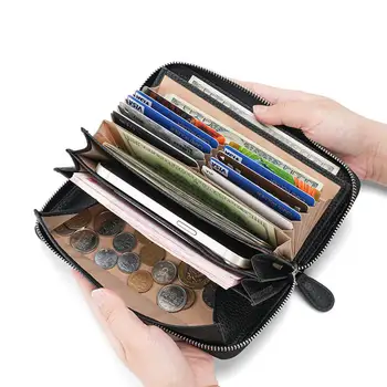  Притежател на кредитна карта, в чантата с Rfid заключване, тънък органайзер от естествена кожа, джоб с цип, джоб за лична карта, портфейла с 20 отделения за карти