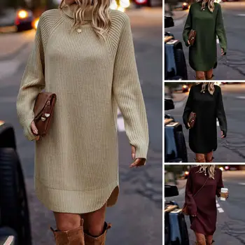  Рокля-пуловер с дълъг ръкав, красива рокля-поло от рубчатого трикотаж, мода есенно-зимни дамски градинска дрехи с цепка от двете страни, дълъг