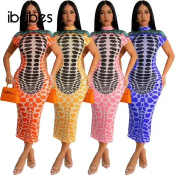  Женствена рокля Миди с цифрово принтом с леопард, дебнещ без ръкави рокля с имитация на шията, 2023, Лятна градинска спортни дрехи, Секси клубни рокли