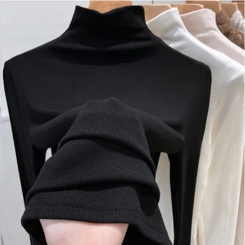  Пролет-есен, нов дамски пуловер с висока воротом, обикновен женски Slim Fit пуловер с дълъг ръкав