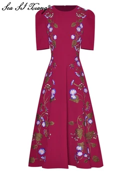 Seasixiang Модно дизайнерско лятна рокля с кръгло деколте и къс ръкав, реколта вечерни рокли с бродерия