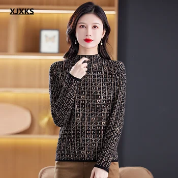  Жена пуловер с висока воротом XJXKS Fashion Letter 2024 Зима Нови Сгъстено топли вълнени Възли блузи, Пуловери