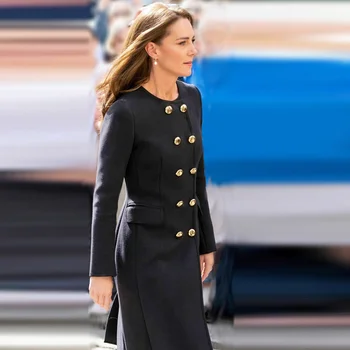  Черна вълнена палто принцеса Кейт Мидълтън, модерно зимно висококачествено винтажное елегантна двубортное палто с дълъг ръкав