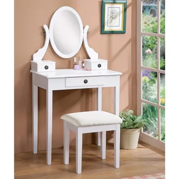 Набор от тоалетни масички и табуретов Roundhill Furniture Moniya от бяло дърво (3415WH) среден размер
