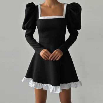  Есента модно вечерна рокля с квадратна деколте и талия, елегантна женствена рокля трапецовидна форма с дълъг ръкав за срещи, черно-бяло тънката рокля в тон