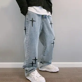  Мъжки дънки с винтажной бродерия, широки мъжки дънки, стилна градинска облекло от дишаща материя, удобна дънкови панталони в стил хип-хоп