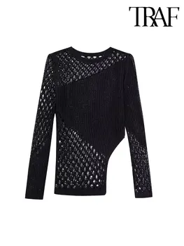  ТРАФИКА на Y2K Черно Секси жена пуловер смесени плетени с изрезки, есен 2023, асиметричен тънък пуловер с дълъг ръкав, дамски топ