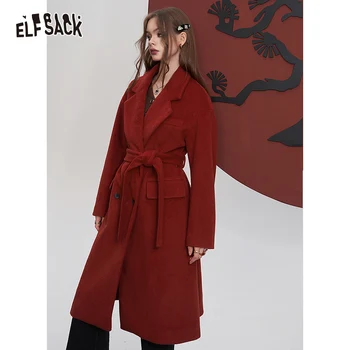  ELFSACK/ червени топло палто женски 2023, зимни връхни дрехи е със средна дължина за Коледа и Нова година